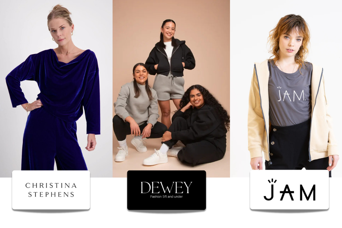 A collage featuring three diverse fashion models, each under a brand logo: Christina Stephens, Dewey and JAM. The models wear a variety of bold and stylish outfits, representing the brands' unique aesthetics.
